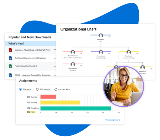 Screenshots from HRdownlaods platform - ORG chart, Whats new doucemnts, assignemnts and an photo of a female in a cirle looking at the camera. Screenshots from HRdownlaods platform - ORG chart, Whats new doucemnts, assignemnts and an photo of a female in a cirle looking at the camera.