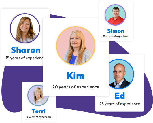 Images of Sharon - 15 years of experience - Kim - 20 years of experience - Ed - 25 years of experience - Terri - 18 years of experience - Simon - 35 years of experience Images of Sharon - 15 years of experience - Kim - 20 years of experience - Ed - 25 years of experience - Terri - 18 years of experience - Simon - 35 years of experience