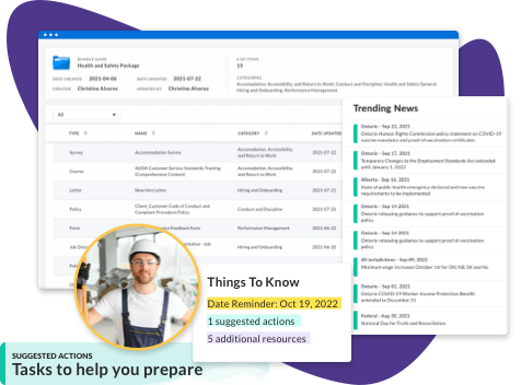 Screenshots from HRdownlaods platform - Health and Safety bundle, trending news, things to know, an image of a male contractor in a circle. Screenshots from HRdownlaods platform - Health and Safety bundle, trending news, things to know, an image of a male contractor in a circle.